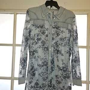 Reba Light Blue Sheer Floral Button-Down Shirt